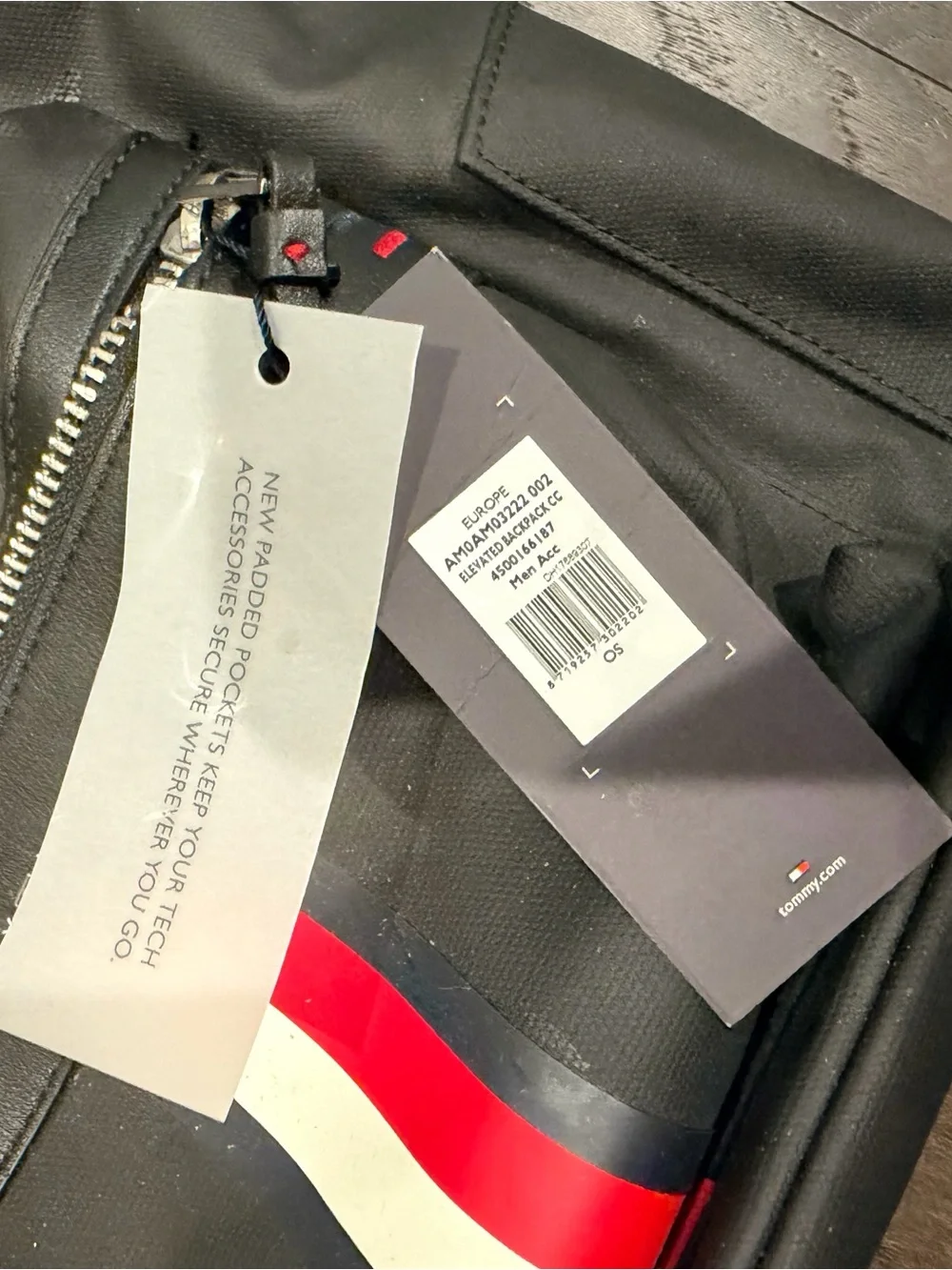 Tommy Hilfiger Black Backpack with Red-White-Navy Signature Stripe